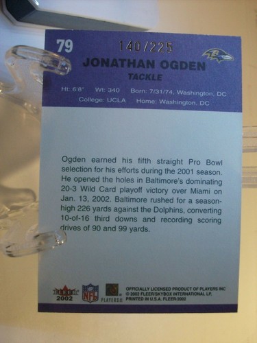 2002 Fleer Tradition Tiffany Football Card #79 Jonathan Ogden 140/225 (85275) - Picture 2 of 2