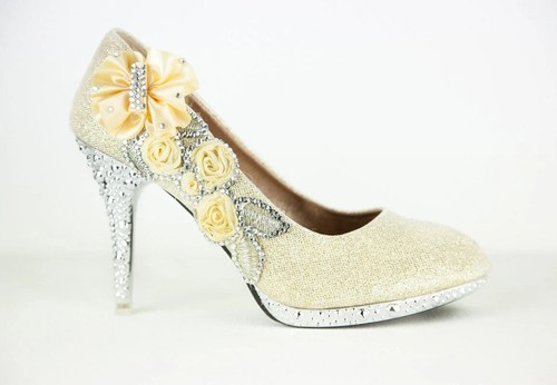 Woman's Crystal Gem Shoe 4" Heel Floral Bridal Wedding Shoes UK Size 1-8 - Picture 22 of 35
