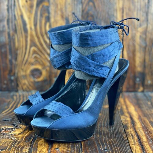 Burberry Women's Platform Heels Open Toe Shoes Navy Blue Size 37.5/ US 7.5 $820 - Picture 2 of 12