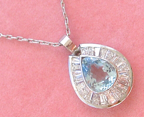 ESTATE 2.6ct PEAR AQUAMARINE 1.65ctw CHANNEL-SET DIAMOND HALO PENDANT NECKLACE