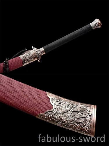 High meng steel Carve flower blade Chinese dragon tiger red wood leather saya - Picture 6 of 7
