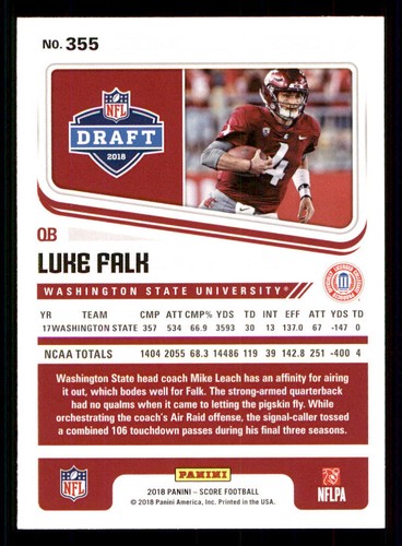 2018 Score #355 Luke Falk RC - Picture 2 of 2
