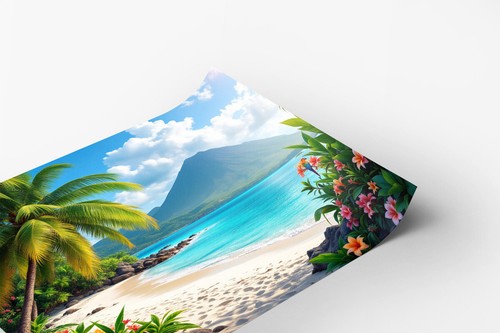 Tropical Beach with Palm Trees, Flowers, and a Volcano Poster Print 18 x 24 in - Picture 2 of 2