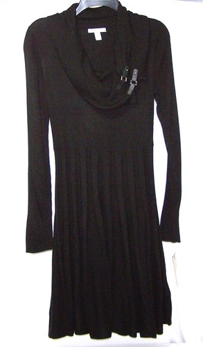 New w/Tag DANA BUCHMAN Medium SLIMMING Black SWEATER DRESS Cowl Neck w/Buckles