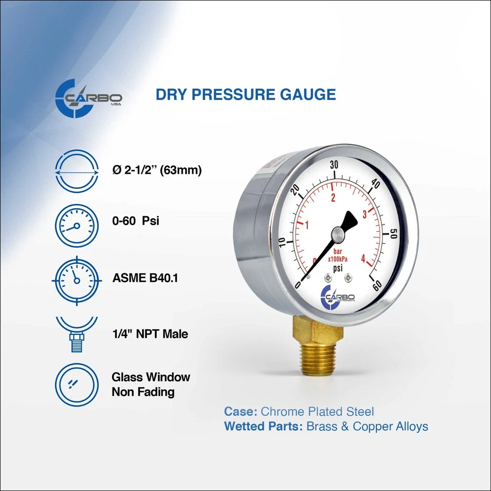 2-1/2" Pressure Gauge - Chrome Plated Steel Case, 1/4"NPT, Lower Mnt. 60 PSI - Image 2 of 4
