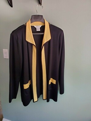 Elegant New  Misook Black Knit Yellow Trim Blazer Cardigan Size L