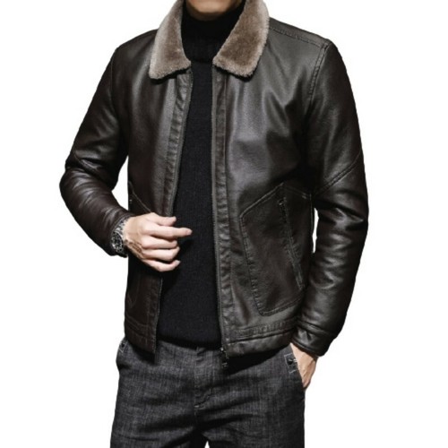 Chaqueta de bombardero de cuero sintético para hombre forrada con vellones cuello de piel sintética ropa exterior cálida nueva L - Imagen 1 de 13