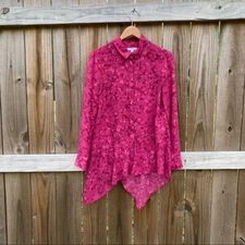 H Halston Pink Print Asymmetrical Button Blouse