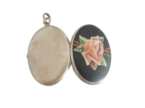 Antique Pendant Silver Photo Locket Enamel Matte Rose 8.4g/4.2x2.4cm - Picture 3 of 4
