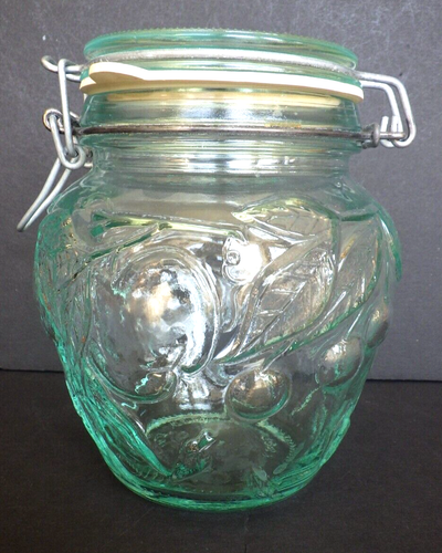 Clear Green Glass Canister Storage Jar Sealed Hinged Lid Italy Embossed Fruit 6" - 第 1/17 張圖片