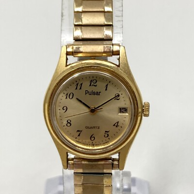 #ad #ad Vtg Pulsar Watch Women 20mm Gold Tone Date v247 0350 Stretch New Battery 7.25quot; $15.00