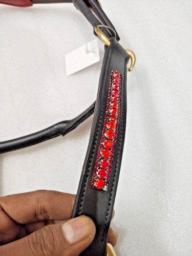Leather Horse Anatomic Halter with Red Crystal & Red Padding With Brass Fitting. - Picture 5 of 9