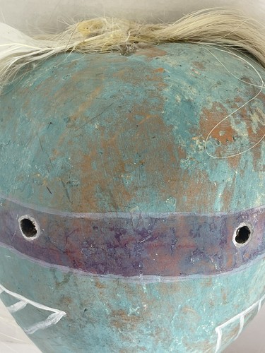 Vintage Tribal Gourd Mask Handcrafted Hand Painted Hair Feather Turquoise 12” - Picture 10 of 12