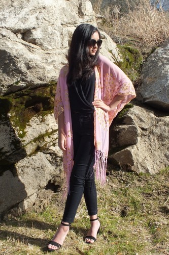 Pink Gold Sequin Lace Peacock Festival Kimono Top One size Plus size - Picture 3 of 4