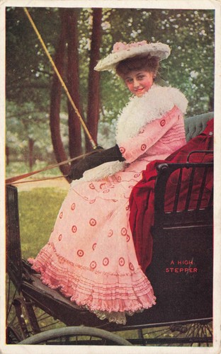 Postcard A High Stepper Beautiful Lady in Pink Dress in Buggy WB - Picture 1 of 2