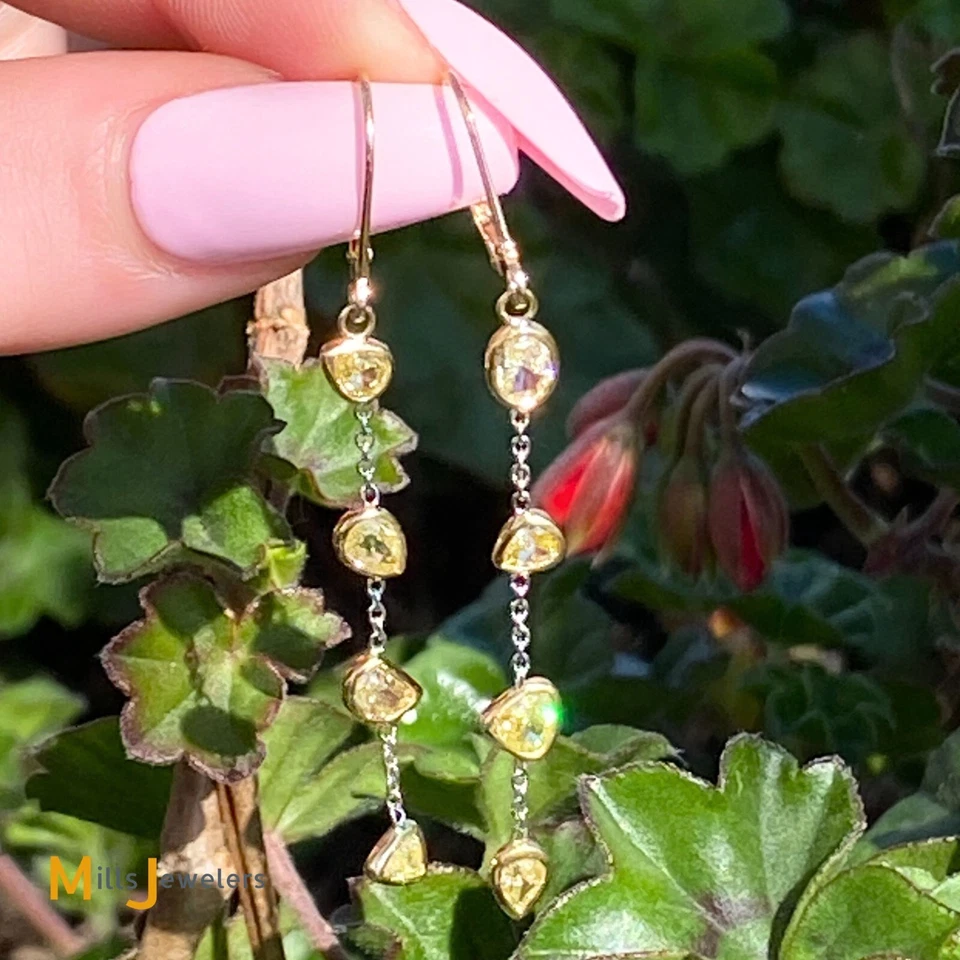 18K Two-Tone Yellow White Gold 1.64ctw Yellow Diamond Dangle Drop Earrings - Image 4 of 4