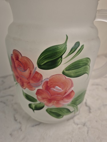 MCM Hazel Atlas Handpainted Roses Frosted Glass Pitcher & 4 Juice Beverage Set - Picture 6 of 18