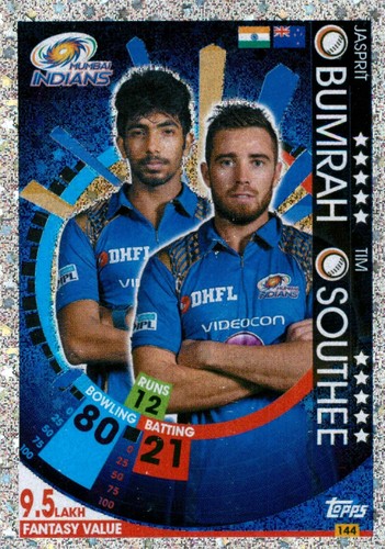 2017 2018 MUMBAI INDIANS IPL Cricket Card JASPRIT BUMRAH & TIM SOUTHEE - Picture 1 of 2