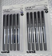10 Pack - Uniball Vision Ink Rollerball Pens 0.7mm Fine Point Black + Black Ink