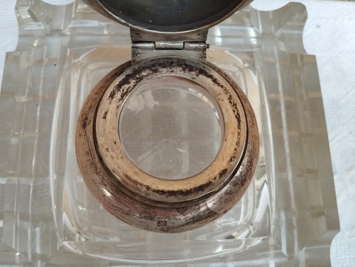 ANTICO GRANDE CALAMAIO INKWELL IN VETRO SPESSO E ARGENTO TITOLO 800 PRE 1934 - Imagen 9 de 11