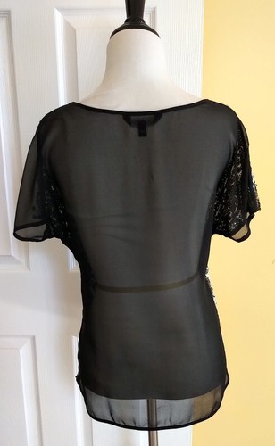 Top EXPRESS Lentejuelas Negro/Plateado Semi Transparente Manga Corta Cuello Redondo (XS) NUEVO - Imagen 7 de 7