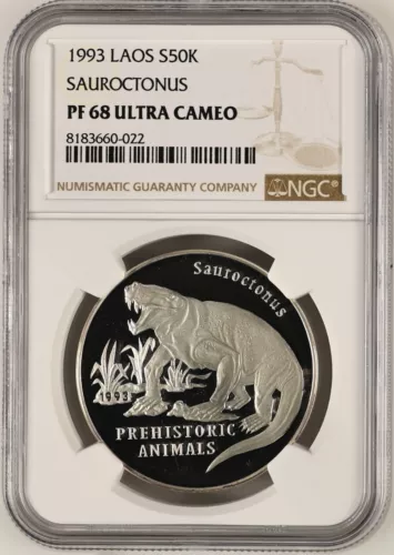 LAOS 50 Kip 1993 Silver NGC PF68 Prehistoric Animals Dinosaurs Sauroctonus