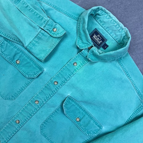 Chemise vintage Woolrich homme XL toile sarcelle boutonnée travail extérieur fabriqué aux États-Unis TACHES