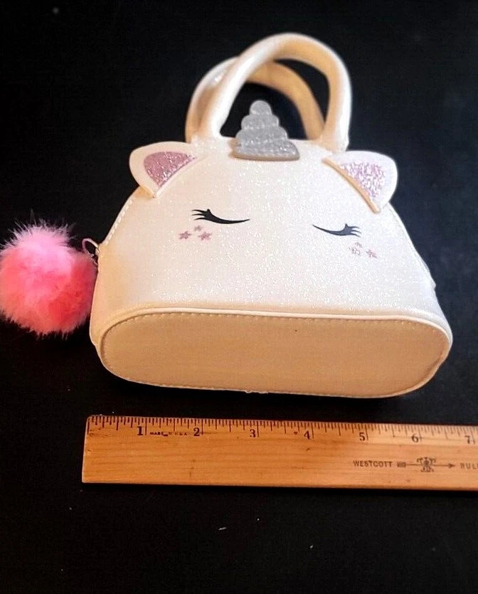 H&M Carino Vinile Rosa Bianco 6" Unicorno Borsa Borsa a Mano con Cerniera con Fob Pompon; Nuovo con etichette oT