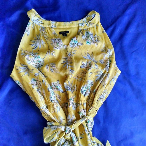 Vestido Ann Taylor-Amarillo Bambú Tropical Toile Halter Corbata Cintura Acampanado $159 (U428) - Imagen 5 de 8