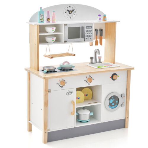 Kids Play Kitchen Set Wooden Pretend Toy w/Microwave Oven & Cooking Accessories