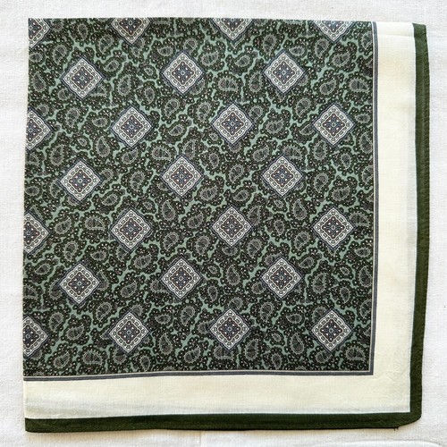 Vintage Handkerchief Green Cotton Paisley Medallion Pattern Pocket Square 18"