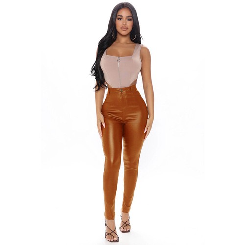 Women's Pu Pants High Elasticity Denim Leather Pants Slim Fitting Pants - Picture 4 of 5