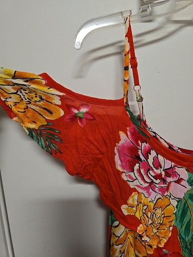 Antiguo Vestido Floral Azul Marino NARANJA GRANDE Hombro Descubierto Ajustable PLAYA TROPICAL VERANO - Imagen 6 de 9