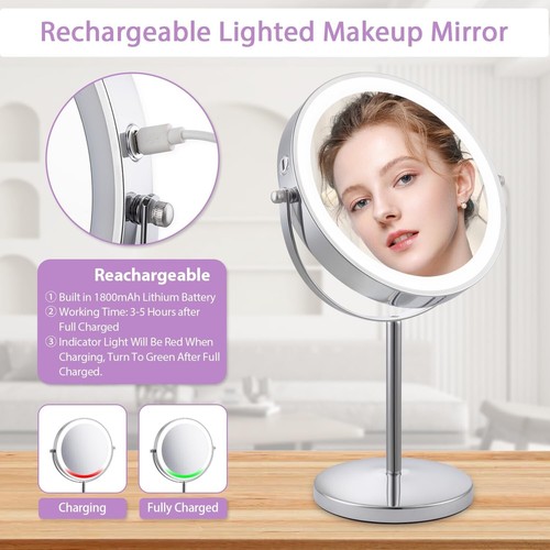 Rechargeable 8'' Lighted 1X/10X Magnifying Table Top Makeup Mirror Chrome Finish - Picture 3 of 5