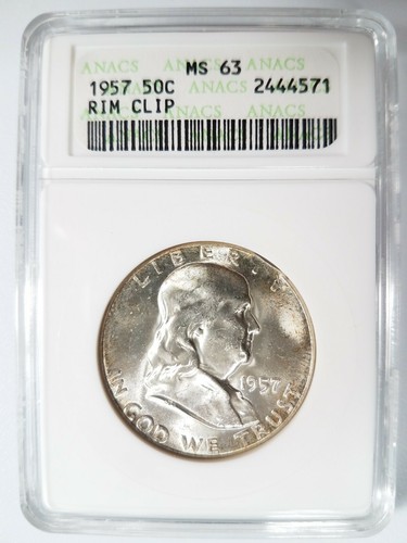 Medio dólar de plata Franklin 1957 ANACS MS 63 clip de borde curvo como nuevo recortado por error - Imagen 9 de 11