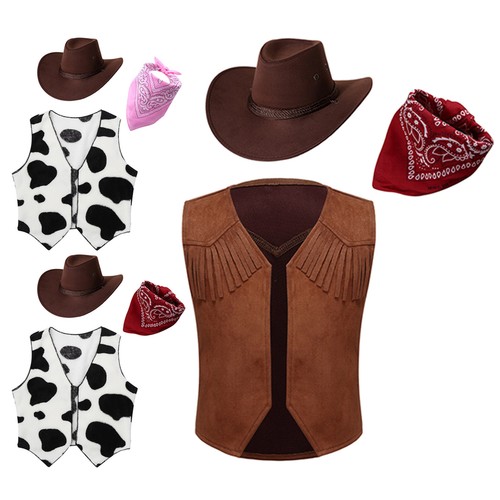 Kinder Teens Cowboy Kostüm Zubehör Cool Weste Print 3-teilig Anzug Retro Party - Bild 1 von 32