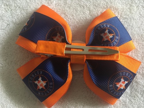 Girls Hair Bow 4" Wide Houston Astros Blue Orange Flatback Alligator Clip - Picture 2 of 2