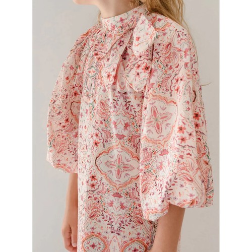 PETITE AMALIE GIRL'S DRESS 10 PINK PAISLEY FLORAL 3/4 BALLOON SLEEVES BOW NECK - Picture 4 of 13