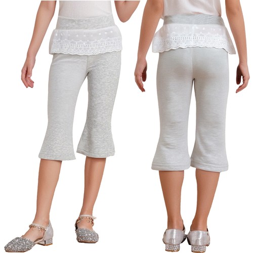 Girls' Cute Cropped Tights Pants Summer Solid Lace Trim Stretch Dance Yoga Pants - Picture 36 of 51