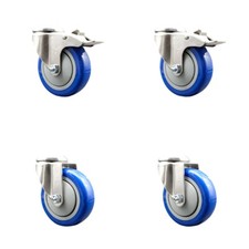 4 Inch 316SS Blue Polyurethane Swivel Bolt Hole Caster Set with 2 Lock Brake