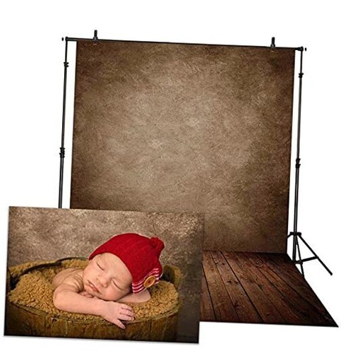 5x7ft Soft Fabric Brown Wall with Wooden Floor Photography Backdrop 5'x7'