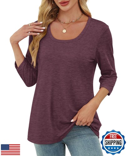 OFEEFAN 3/4 Sleeve Tops for Women T Shirts Scoop Neck Tunic Tops Loose Fit Dr - Picture 3 of 5