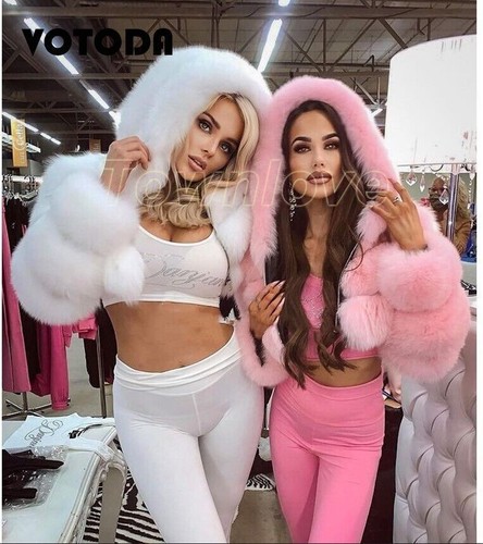 Abrigo corto con capucha estilo americano occidental para mujer imitación piel de zorro ropa exterior recortada talla - Imagen 20 de 41