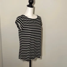 LOFT Womens Cap Sleeve Casual Top Shirt Striped Cut Out Back Small Petite Black