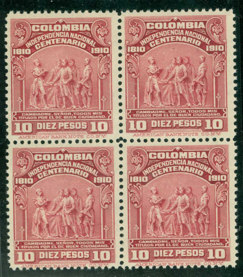 COLOMBIA 1910 Independence Centenary 10Pesos Sc# 338 mint MNH BLOCK of 4 