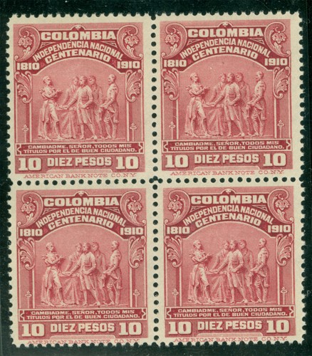 Kolumbien 1910 Independence Centenary 10 Pesos Sc# 338 neuwertig postfrisch 4er-Block