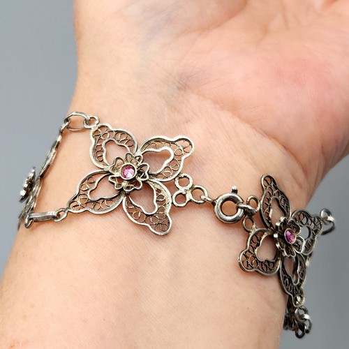 Estate European 800 Silver Pink Crystal Butterfly Filigree Bracelet 7.25" 10.2g - Picture 7 of 12