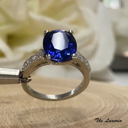 Engagement Ring Genuine Diamond 0.24 Ct Oval Cut Blue Sapphire Fine 950 Platinum - Video 1 of 1