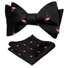 Mens Animal Bow Tie Set Flamingo SELF-TIED Bowtie and Hanky for Wedding-Black