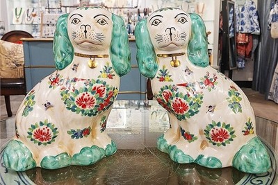 Porcelain Hand Painted Reproduction Staffordshire Dogs. Green Rose Pattern (9 H)